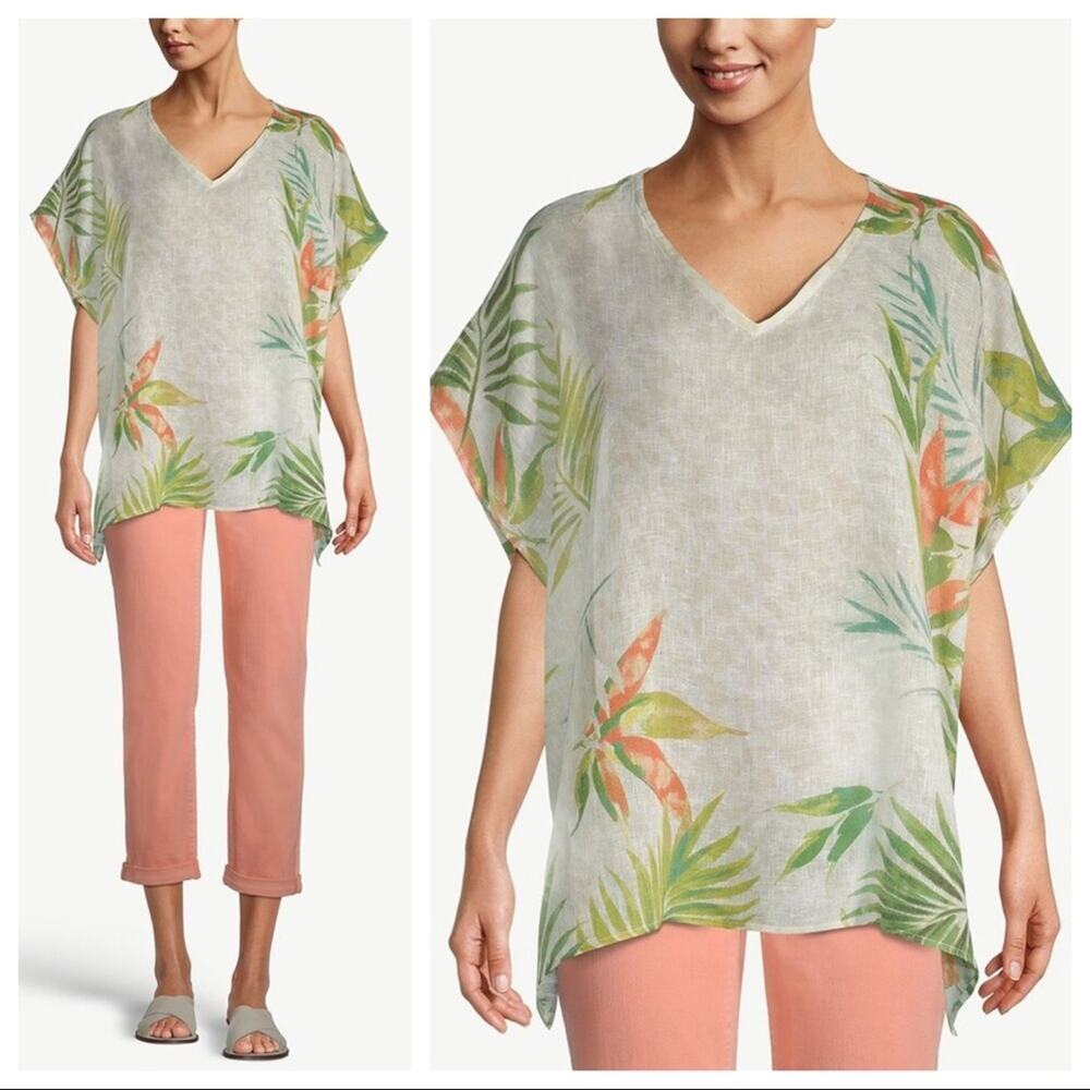 CHICOS Linen Palm Frond Printed Tunic Poncho S/M NWT